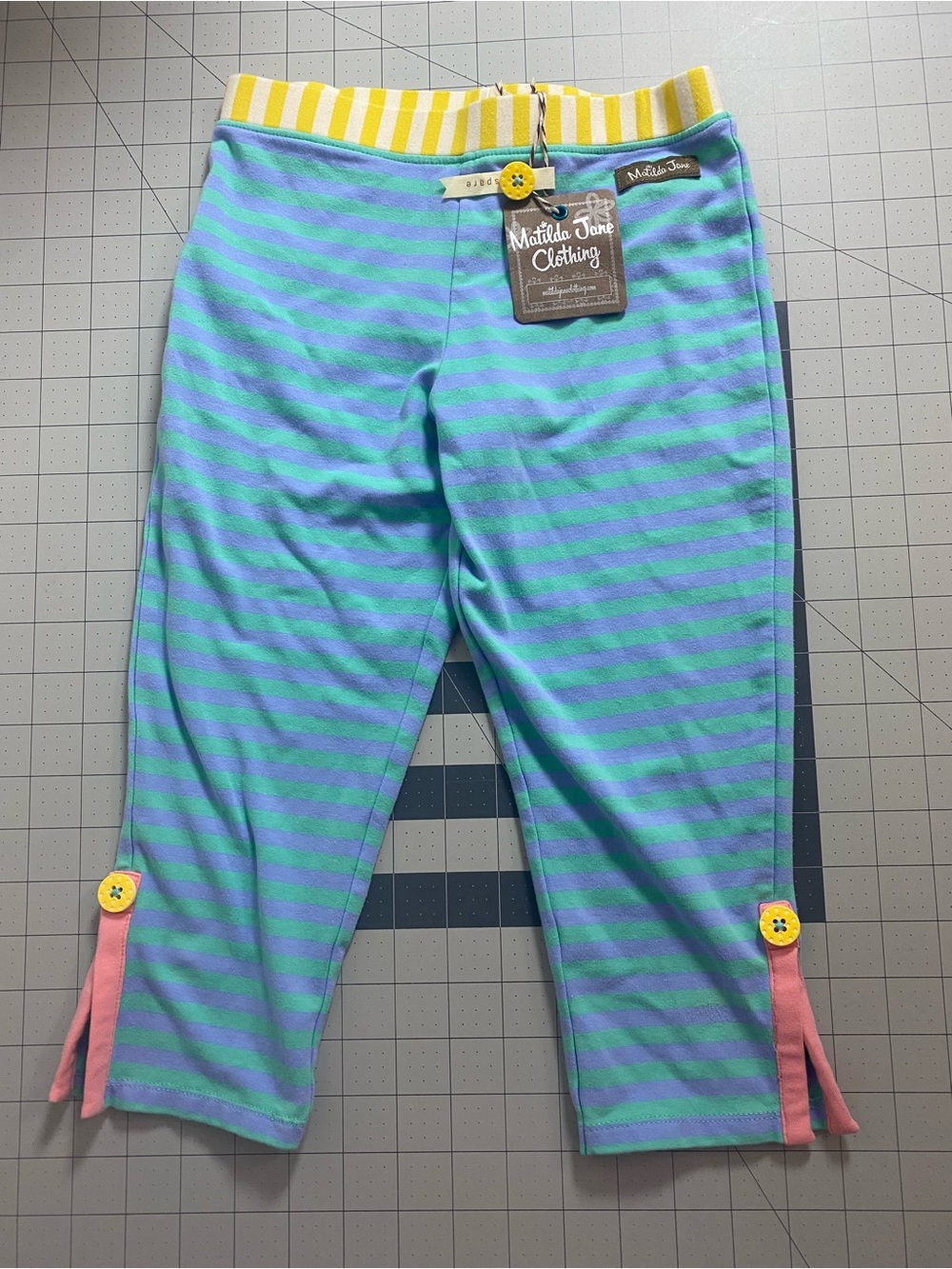 Matilda Jane Girls' Green & Blue Striped Capri Pants with Yellow Waistband